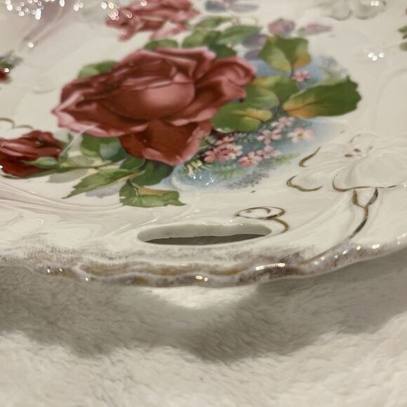 Vintage Antique Plate Platter 10 1/2 inch hand painted Germany roses handles - Picture 7 of 7